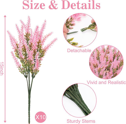 10 Bundles Fake Flowers Artificial Lavender Plants, Purple | Faux plastic plants for home wedding kitchen garden patio porch window box office table centerpieces indoor outdoor decor