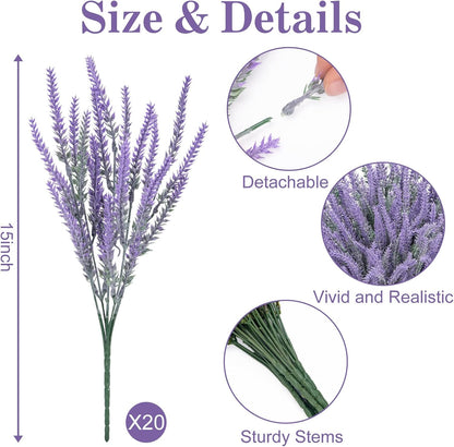10 Bundles Fake Flowers Artificial Lavender Plants, Purple | Faux plastic plants for home wedding kitchen garden patio porch window box office table centerpieces indoor outdoor decor