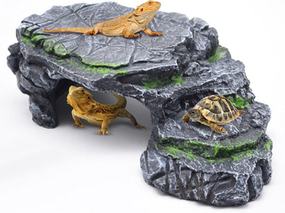 Reptile Hideout Cave,Turtle Tank Accessories Decor,Basking Platform for Bearded Dragon,Snake and Leopard Gecko.(Grey Hill-M-Kit)