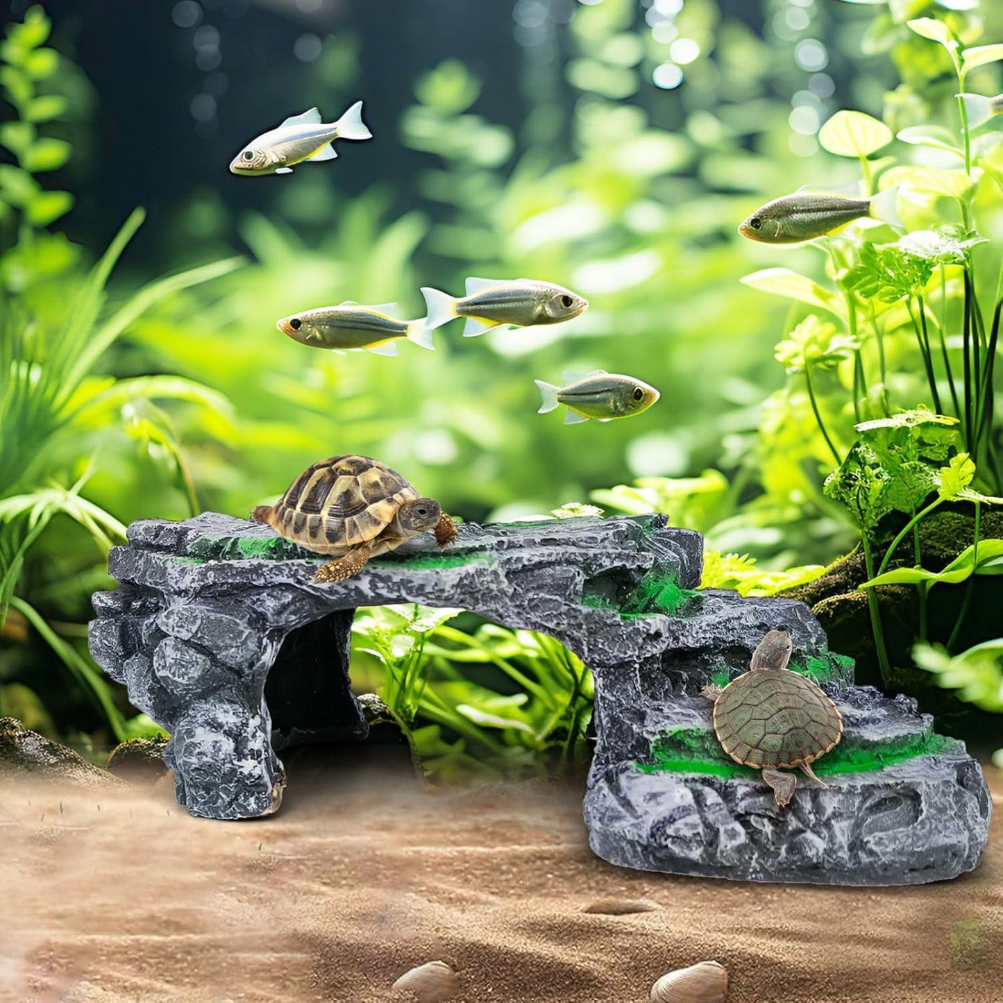 Reptile Hideout Cave,Turtle Tank Accessories Decor,Basking Platform for Bearded Dragon,Snake and Leopard Gecko.(Grey Hill-M-Kit)