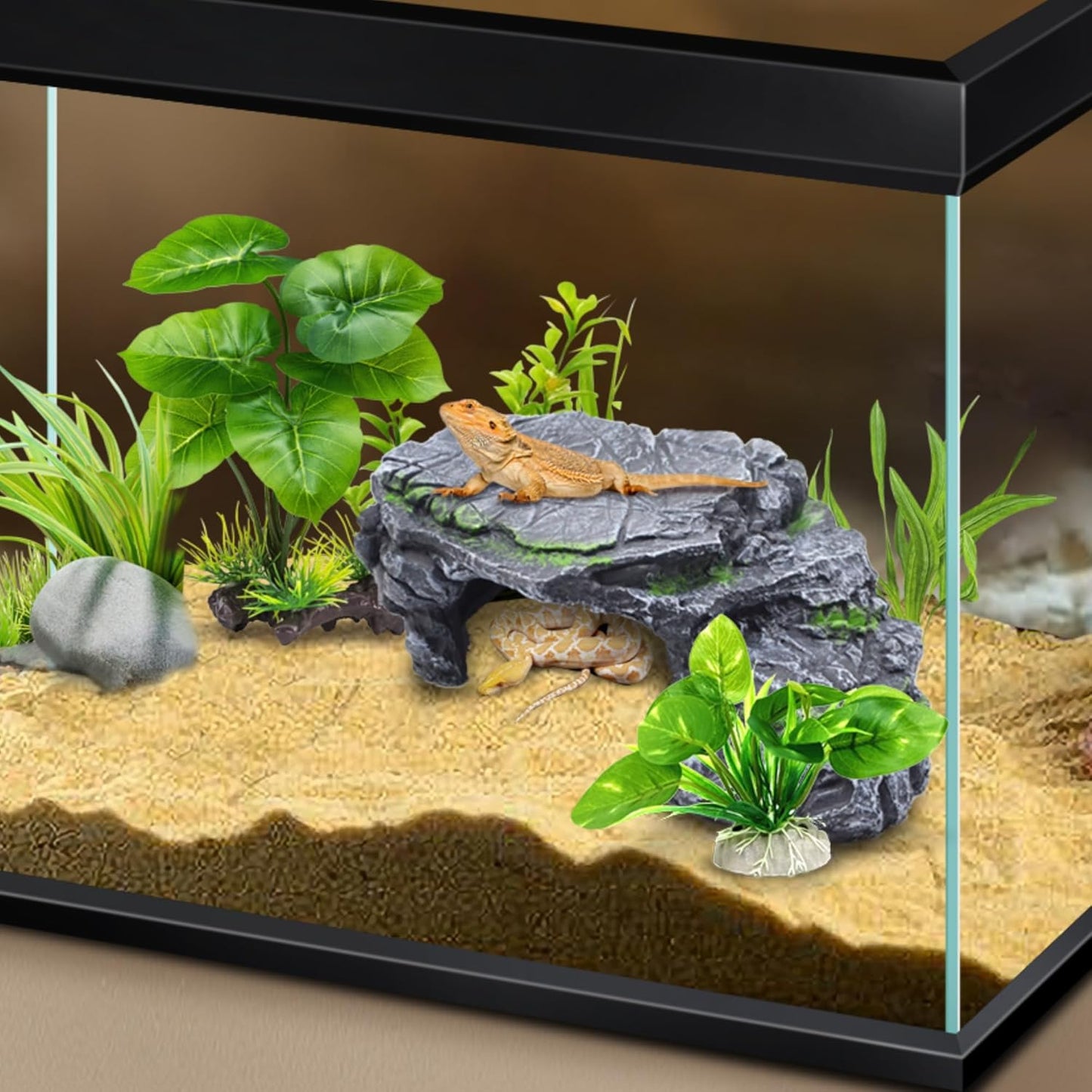 Reptile Hideout Cave,Turtle Tank Accessories Decor,Basking Platform for Bearded Dragon,Snake and Leopard Gecko.(Grey Hill-M-Kit)