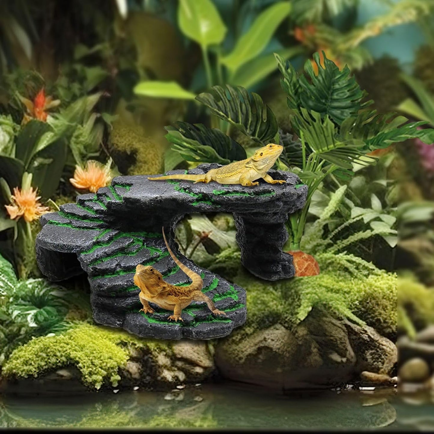 Reptile Hideout Cave,Turtle Tank Accessories Decor,Basking Platform for Bearded Dragon,Snake and Leopard Gecko.(Grey Hill-M-Kit)