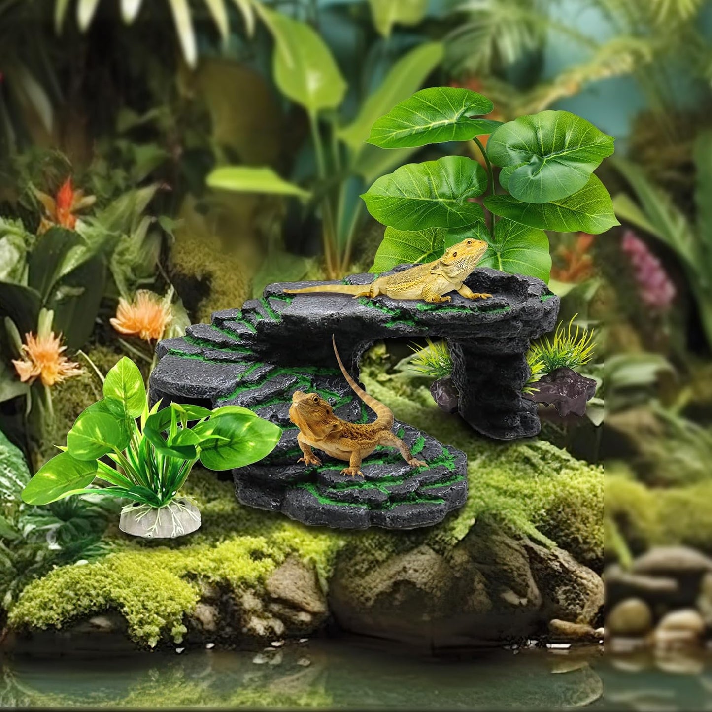 Reptile Hideout Cave,Turtle Tank Accessories Decor,Basking Platform for Bearded Dragon,Snake and Leopard Gecko.(Grey Hill-M-Kit)