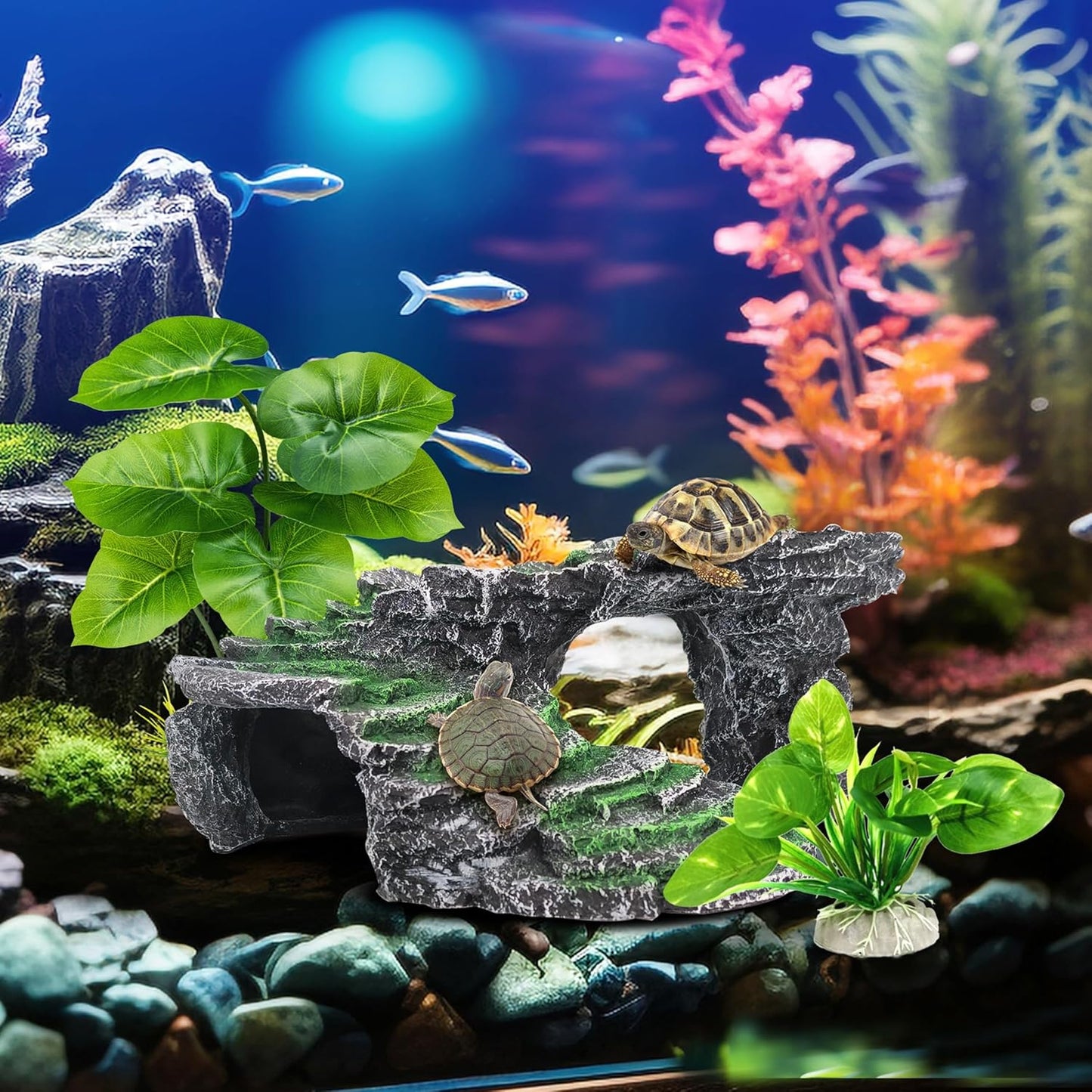 Reptile Hideout Cave,Turtle Tank Accessories Decor,Basking Platform for Bearded Dragon,Snake and Leopard Gecko.(Grey Hill-M-Kit)