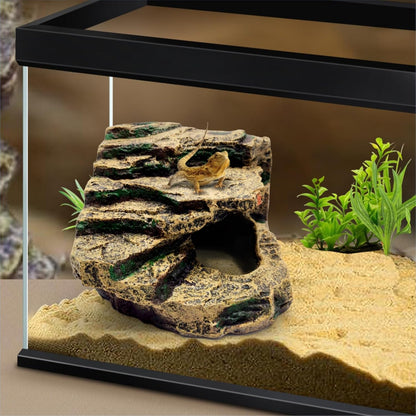 Reptile Hideout Cave,Turtle Tank Accessories Decor,Basking Platform for Bearded Dragon,Snake and Leopard Gecko.(Grey Hill-M-Kit)