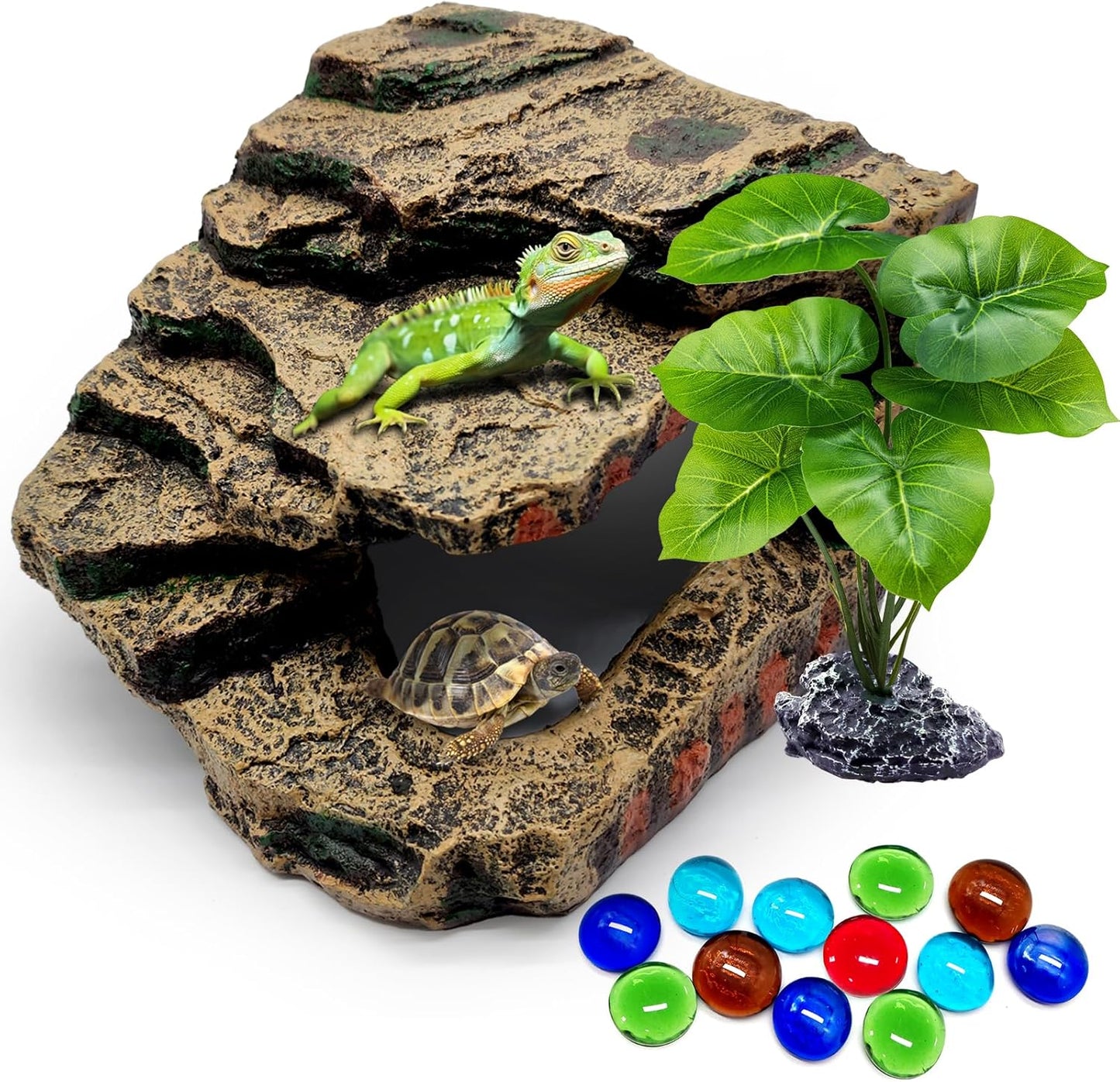 Reptile Hideout Cave,Turtle Tank Accessories Decor,Basking Platform for Bearded Dragon,Snake and Leopard Gecko.(Grey Hill-M-Kit)