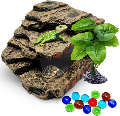 Reptile Hideout Cave,Turtle Tank Accessories Decor,Basking Platform for Bearded Dragon,Snake and Leopard Gecko.(Grey Hill-M-Kit)