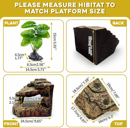Reptile Hideout Cave,Turtle Tank Accessories Decor,Basking Platform for Bearded Dragon,Snake and Leopard Gecko.(Grey Hill-M-Kit)