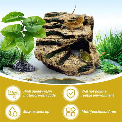 Reptile Hideout Cave,Turtle Tank Accessories Decor,Basking Platform for Bearded Dragon,Snake and Leopard Gecko.(Grey Hill-M-Kit)
