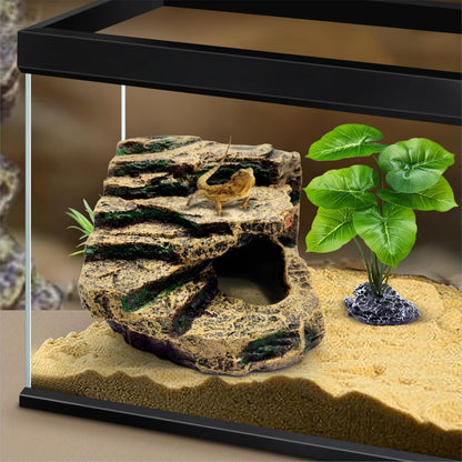 Reptile Hideout Cave,Turtle Tank Accessories Decor,Basking Platform for Bearded Dragon,Snake and Leopard Gecko.(Grey Hill-M-Kit)