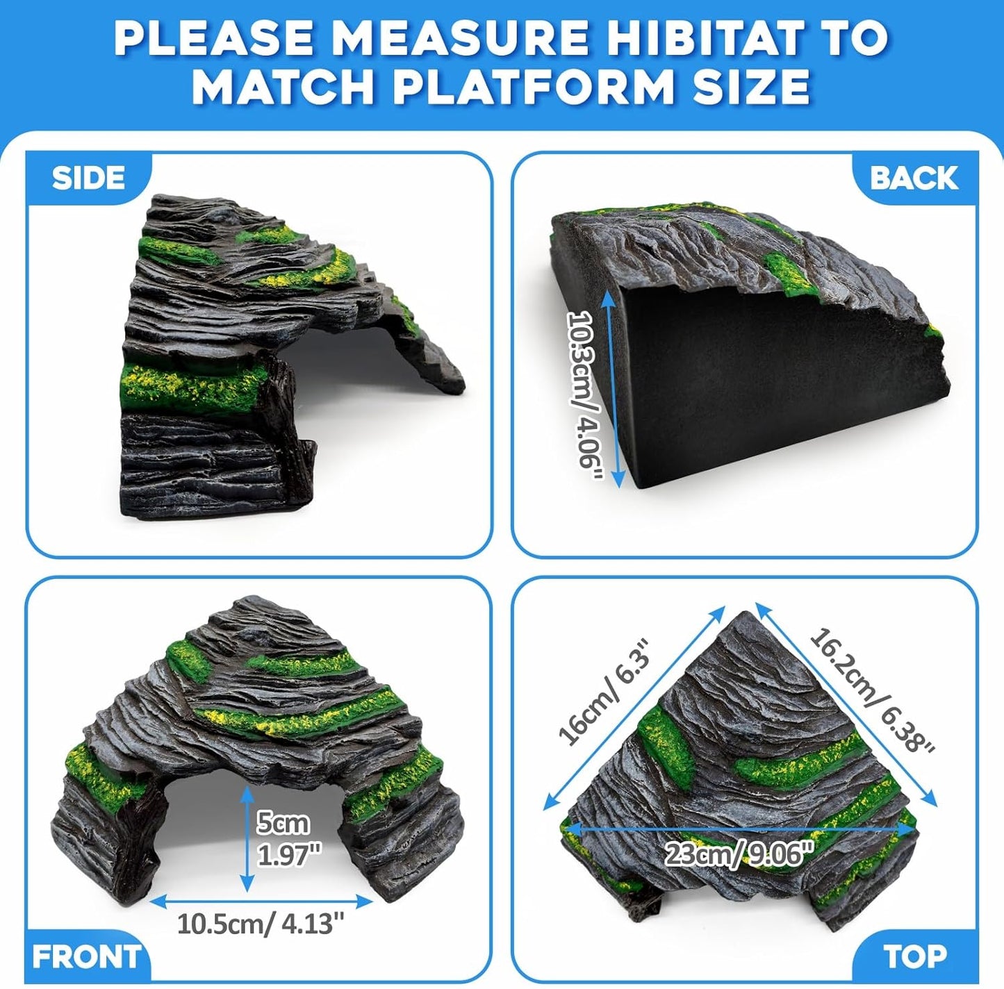 Reptile Hideout Cave,Turtle Tank Accessories Decor,Basking Platform for Bearded Dragon,Snake and Leopard Gecko.(Grey Hill-M-Kit)