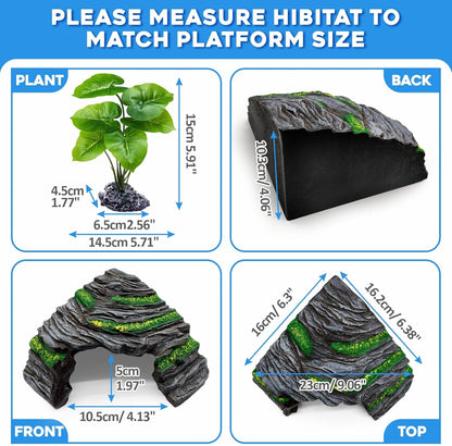 Reptile Hideout Cave,Turtle Tank Accessories Decor,Basking Platform for Bearded Dragon,Snake and Leopard Gecko.(Grey Hill-M-Kit)