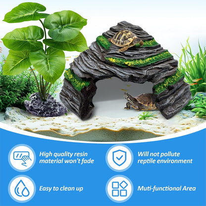 Reptile Hideout Cave,Turtle Tank Accessories Decor,Basking Platform for Bearded Dragon,Snake and Leopard Gecko.(Grey Hill-M-Kit)