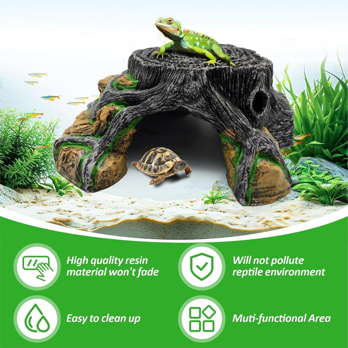 Reptile Hideout Cave,Turtle Tank Accessories Decor,Basking Platform for Bearded Dragon,Snake and Leopard Gecko.(Grey Hill-M-Kit)