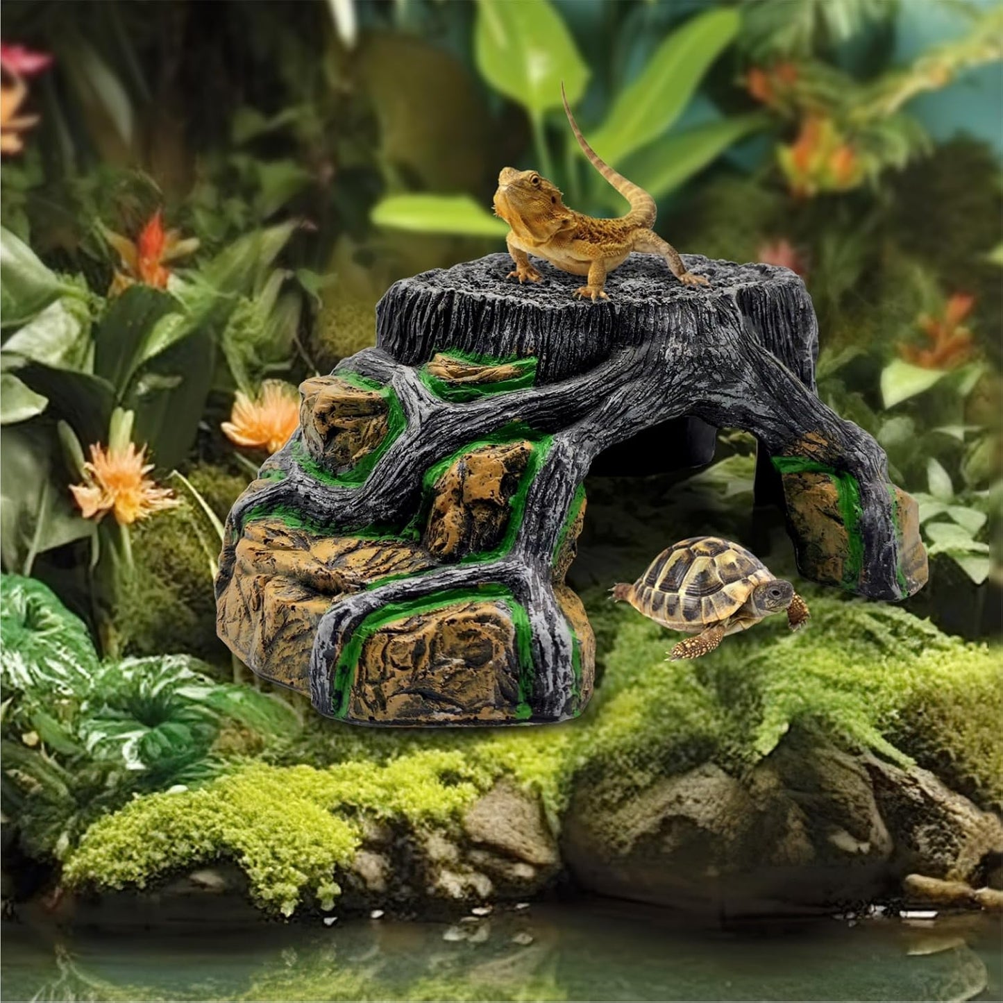 Reptile Hideout Cave,Turtle Tank Accessories Decor,Basking Platform for Bearded Dragon,Snake and Leopard Gecko.(Grey Hill-M-Kit)