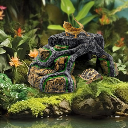 Reptile Hideout Cave,Turtle Tank Accessories Decor,Basking Platform for Bearded Dragon,Snake and Leopard Gecko.(Grey Hill-M-Kit)