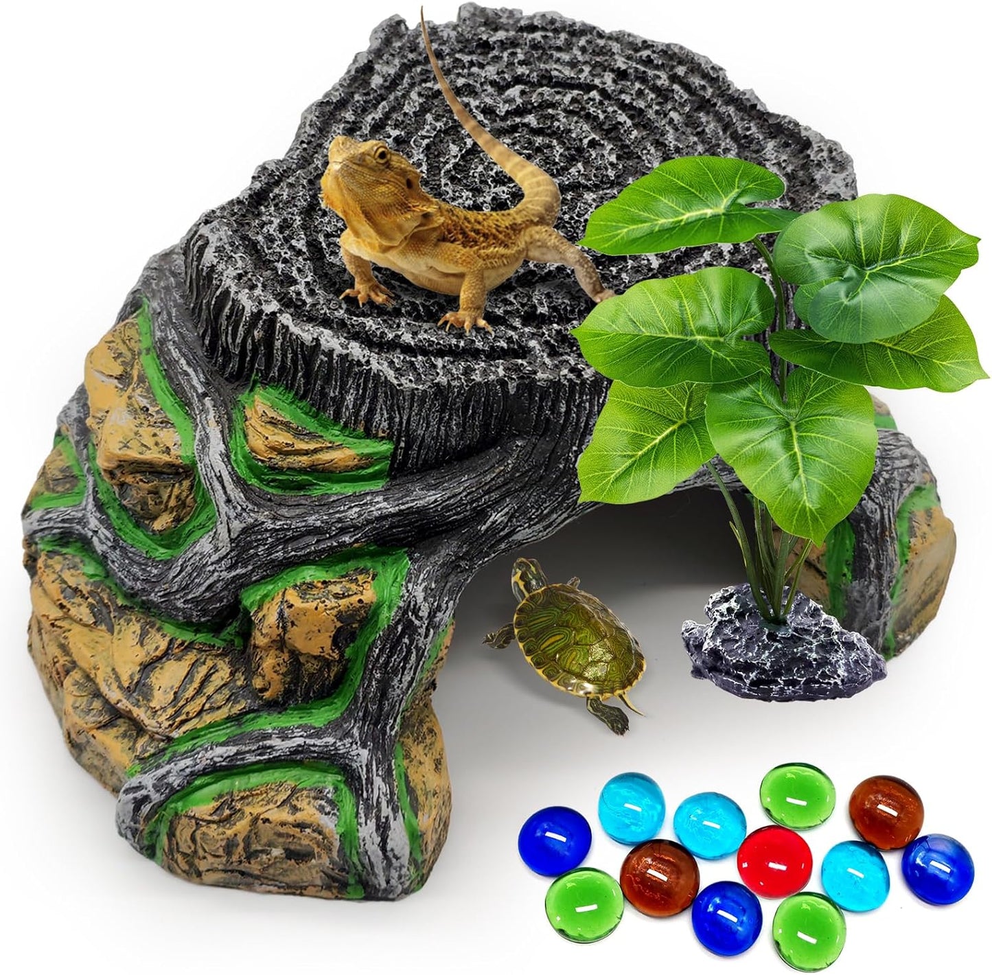 Reptile Hideout Cave,Turtle Tank Accessories Decor,Basking Platform for Bearded Dragon,Snake and Leopard Gecko.(Grey Hill-M-Kit)