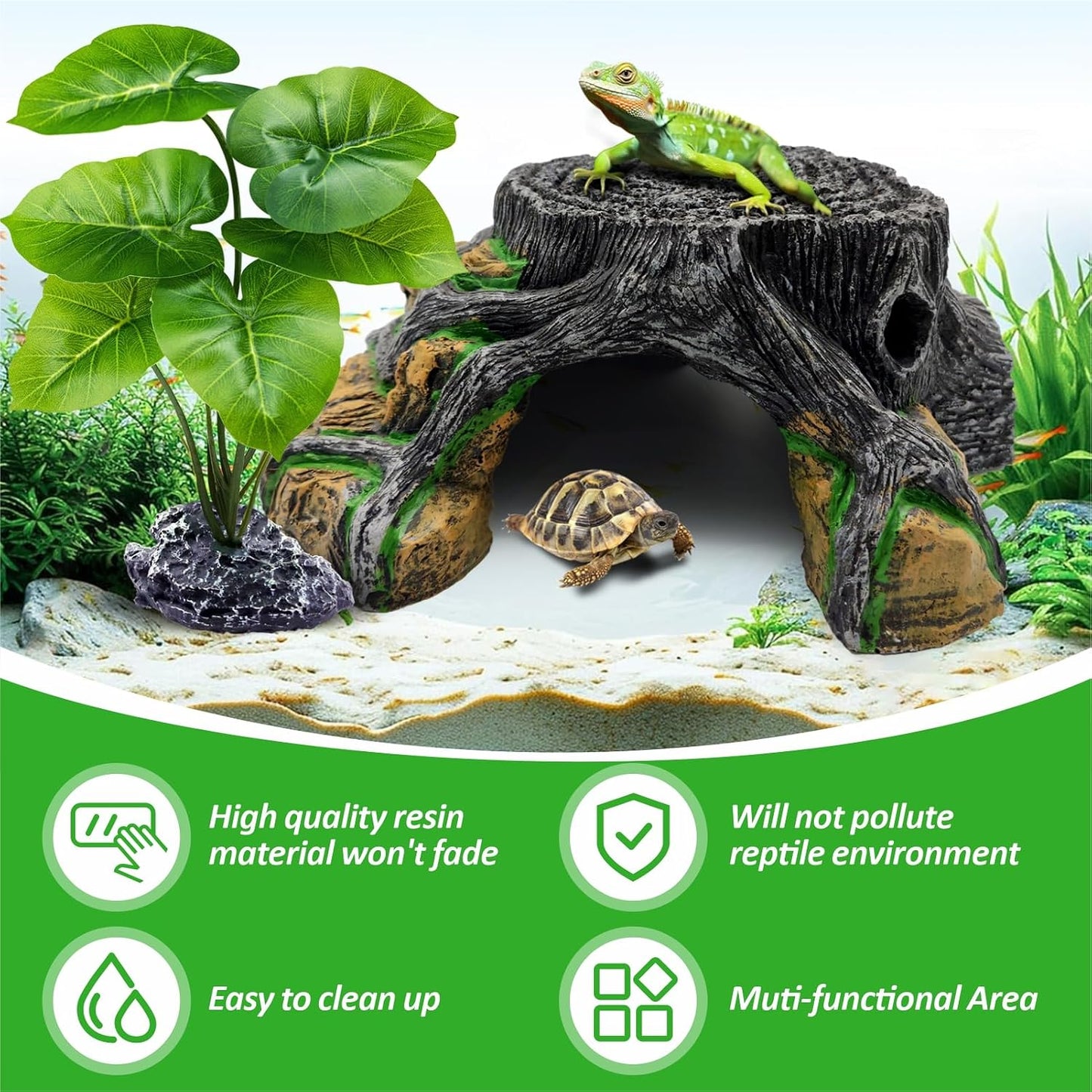 Reptile Hideout Cave,Turtle Tank Accessories Decor,Basking Platform for Bearded Dragon,Snake and Leopard Gecko.(Grey Hill-M-Kit)