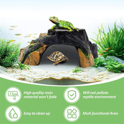 Reptile Hideout Cave,Turtle Tank Accessories Decor,Basking Platform for Bearded Dragon,Snake and Leopard Gecko.(Grey Hill-M-Kit)