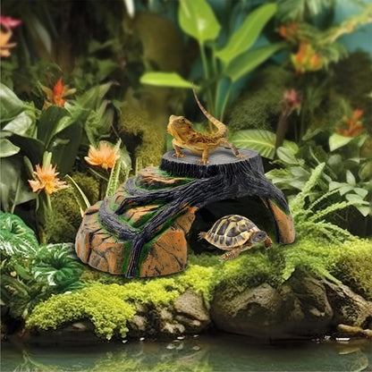 Reptile Hideout Cave,Turtle Tank Accessories Decor,Basking Platform for Bearded Dragon,Snake and Leopard Gecko.(Grey Hill-M-Kit)