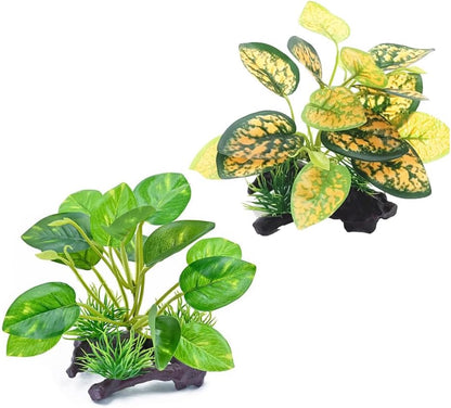 2PCS Reptile Artificial Plants, Terrarium Plants Decorations Supplies, Amphibian Habitat Hideout Tank Accessories(Green+ Yellow)
