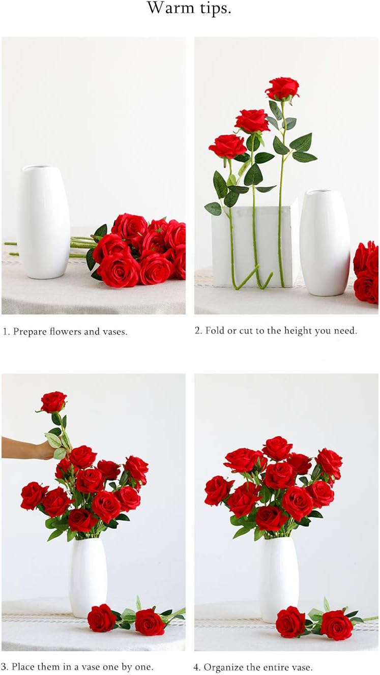 12 pcs Artificial Red Roses Flowers Long Stem Fake Silk Rose for Home Wendding Decorations(Red)