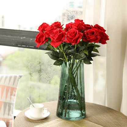 12 pcs Artificial Red Roses Flowers Long Stem Fake Silk Rose for Home Wendding Decorations(Red)