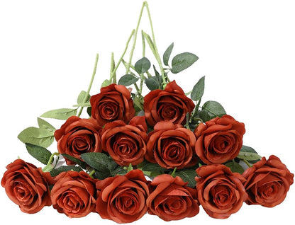 12 pcs Artificial Red Roses Flowers Long Stem Fake Silk Rose for Home Wendding Decorations(Red)