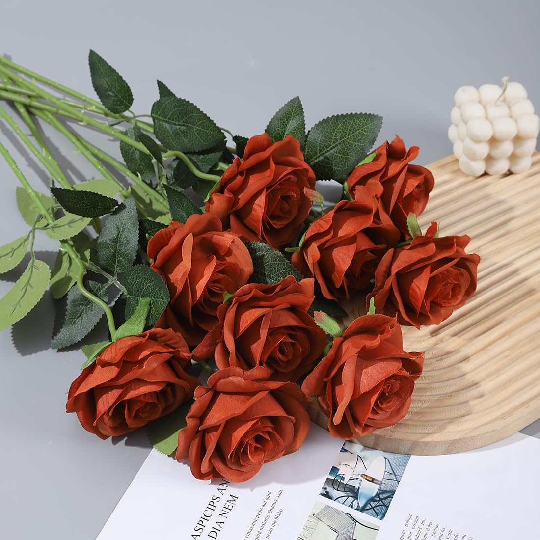 12 pcs Artificial Red Roses Flowers Long Stem Fake Silk Rose for Home Wendding Decorations(Red)