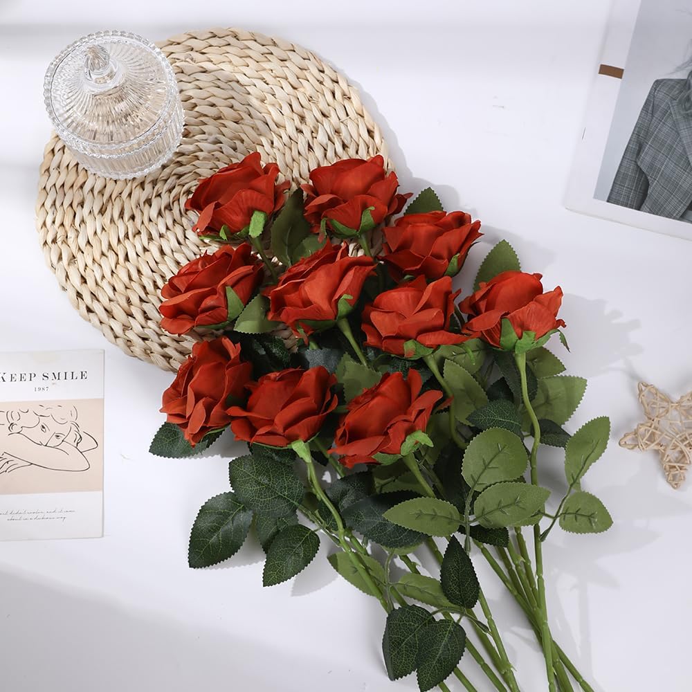 12 pcs Artificial Red Roses Flowers Long Stem Fake Silk Rose for Home Wendding Decorations(Red)