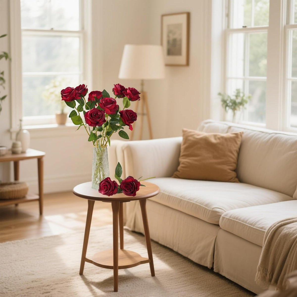 12 pcs Artificial Red Roses Flowers Long Stem Fake Silk Rose for Home Wendding Decorations(Red)