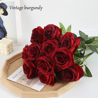 12 pcs Artificial Red Roses Flowers Long Stem Fake Silk Rose for Home Wendding Decorations(Red)