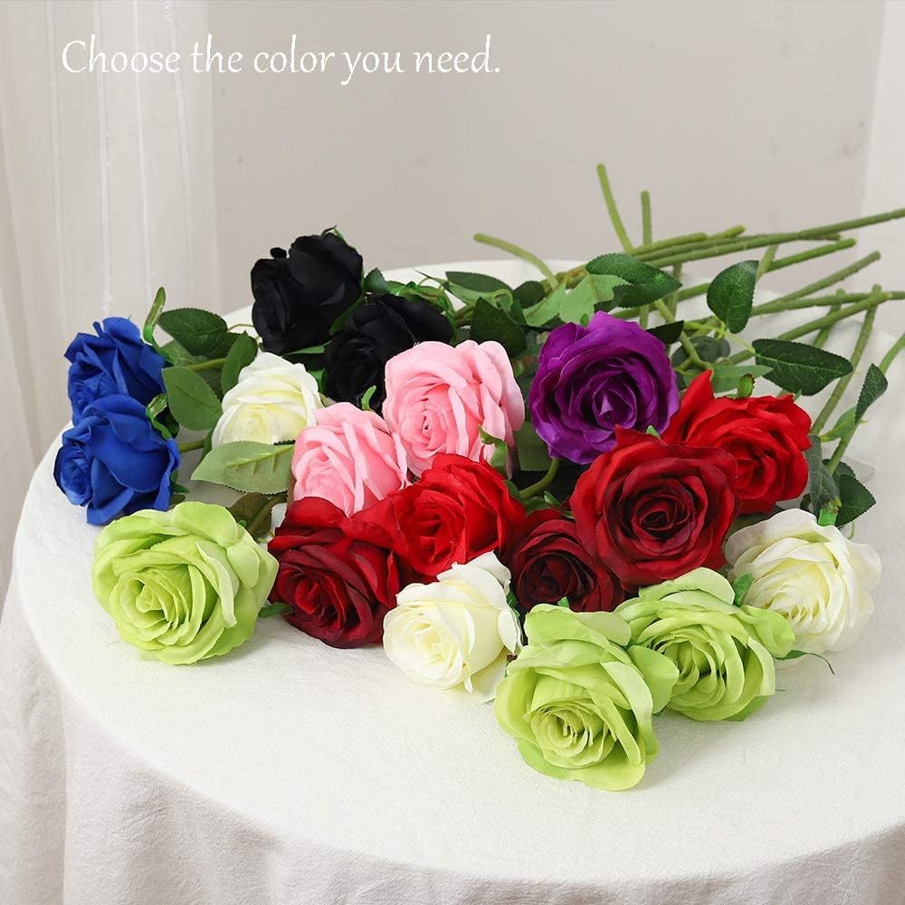 12 pcs Artificial Red Roses Flowers Long Stem Fake Silk Rose for Home Wendding Decorations(Red)