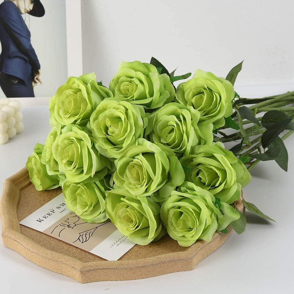 12 pcs Artificial Red Roses Flowers Long Stem Fake Silk Rose for Home Wendding Decorations(Red)