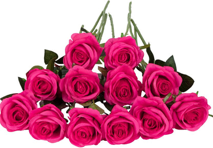 12 pcs Artificial Red Roses Flowers Long Stem Fake Silk Rose for Home Wendding Decorations(Red)