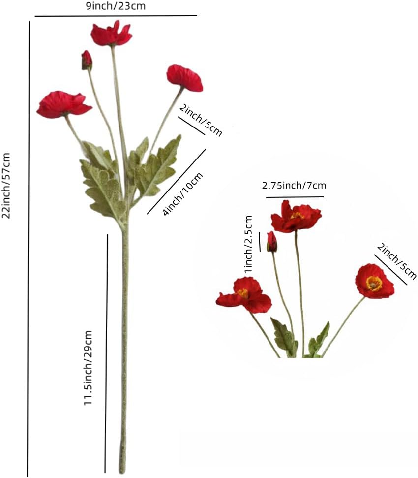 3 Bundles of 22 inches Tall Red Poppy Flowers Artificial,Ranunculus Artificial Flowers,Faux Flower Stems for Wedding,Party, Outdoor Indoor Decor Flower Arrangements for Table