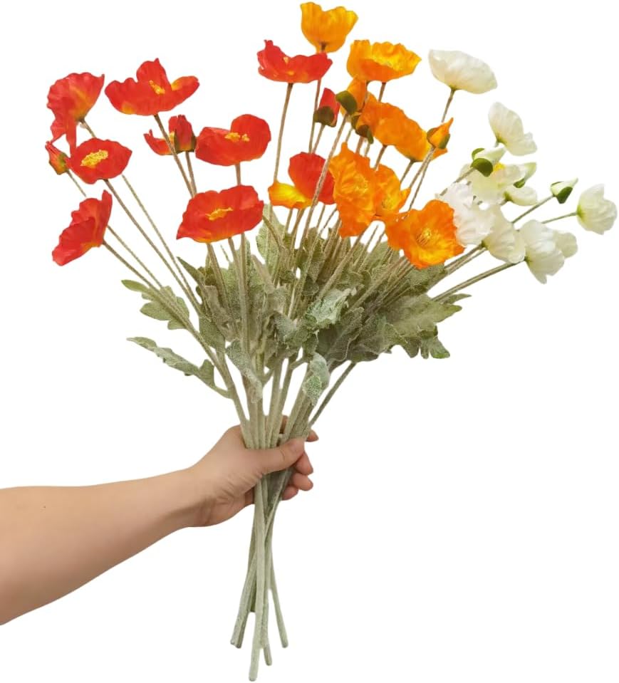 3 Bundles of 22 inches Tall Red Poppy Flowers Artificial,Ranunculus Artificial Flowers,Faux Flower Stems for Wedding,Party, Outdoor Indoor Decor Flower Arrangements for Table