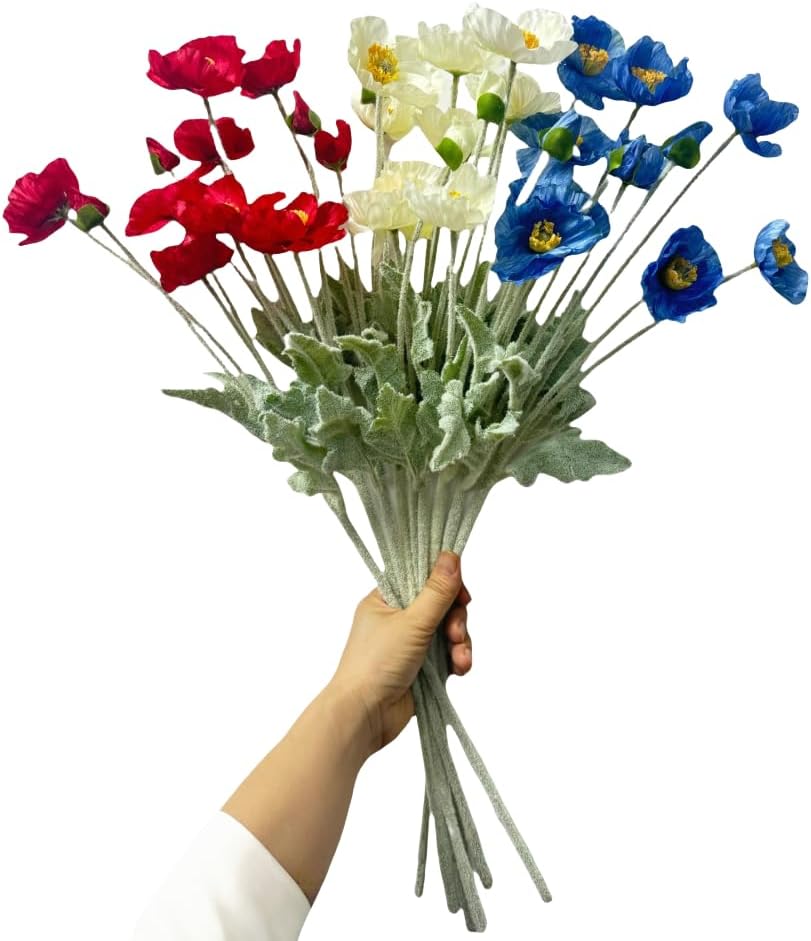 3 Bundles of 22 inches Tall Red Poppy Flowers Artificial,Ranunculus Artificial Flowers,Faux Flower Stems for Wedding,Party, Outdoor Indoor Decor Flower Arrangements for Table