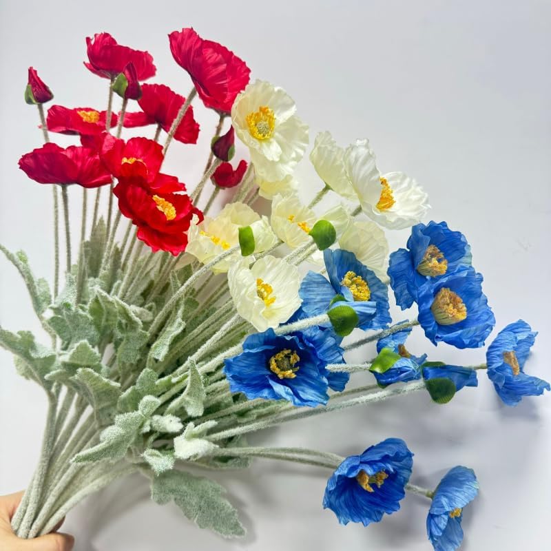 3 Bundles of 22 inches Tall Red Poppy Flowers Artificial,Ranunculus Artificial Flowers,Faux Flower Stems for Wedding,Party, Outdoor Indoor Decor Flower Arrangements for Table