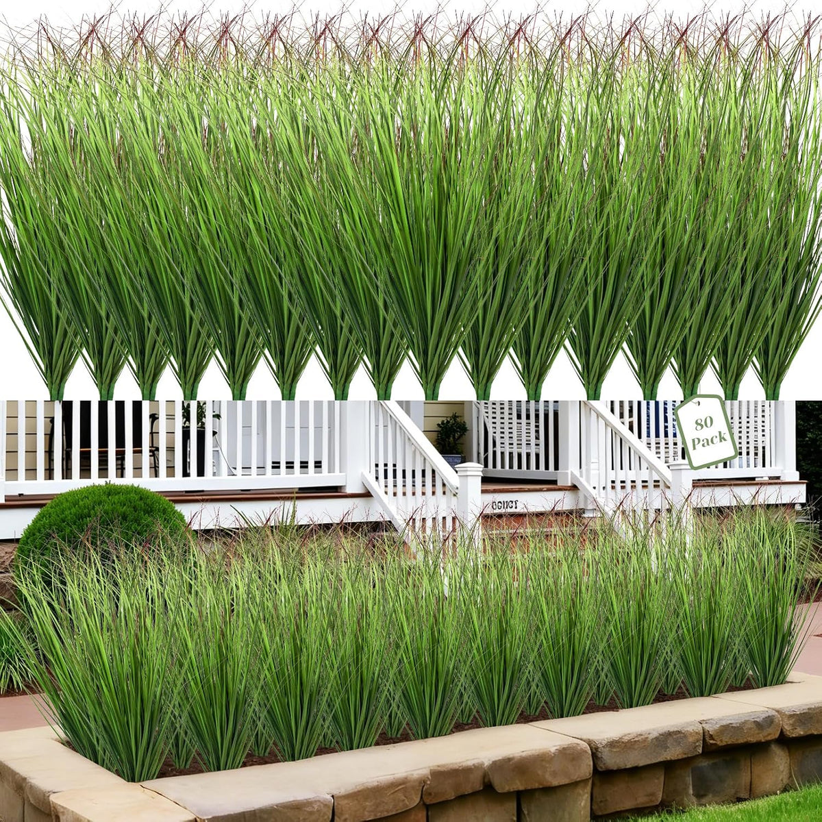 Artificial Grass Plants Outdoor - UV Resistant Tall Onion Grass Fake Grass Filler, Wheat Grass Greenery Stems for Indoor Outdoor Vase Planters Home Porch Decor（Green Red Tail）