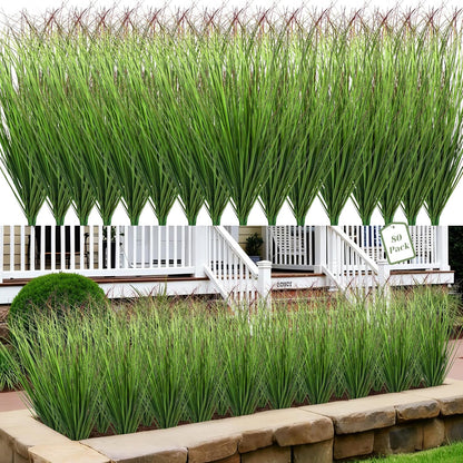 Artificial Grass Plants Outdoor - UV Resistant Tall Onion Grass Fake Grass Filler, Wheat Grass Greenery Stems for Indoor Outdoor Vase Planters Home Porch Decor（Green Red Tail）
