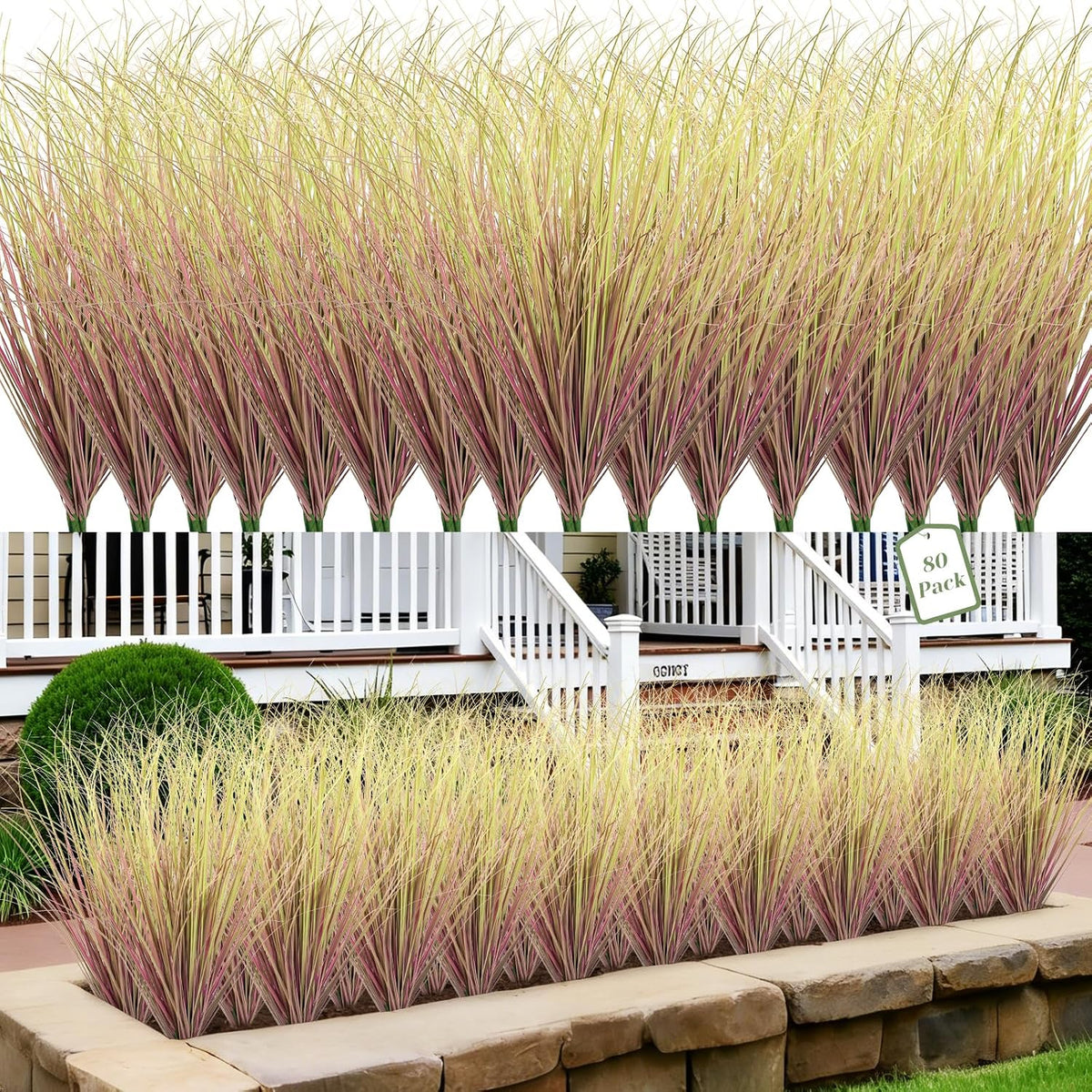 Artificial Grass Plants Outdoor - UV Resistant Tall Onion Grass Fake Grass Filler, Wheat Grass Greenery Stems for Indoor Outdoor Vase Planters Home Porch Decor（Green Red Tail）