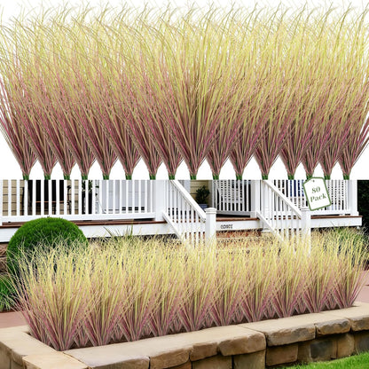 Artificial Grass Plants Outdoor - UV Resistant Tall Onion Grass Fake Grass Filler, Wheat Grass Greenery Stems for Indoor Outdoor Vase Planters Home Porch Decor（Green Red Tail）