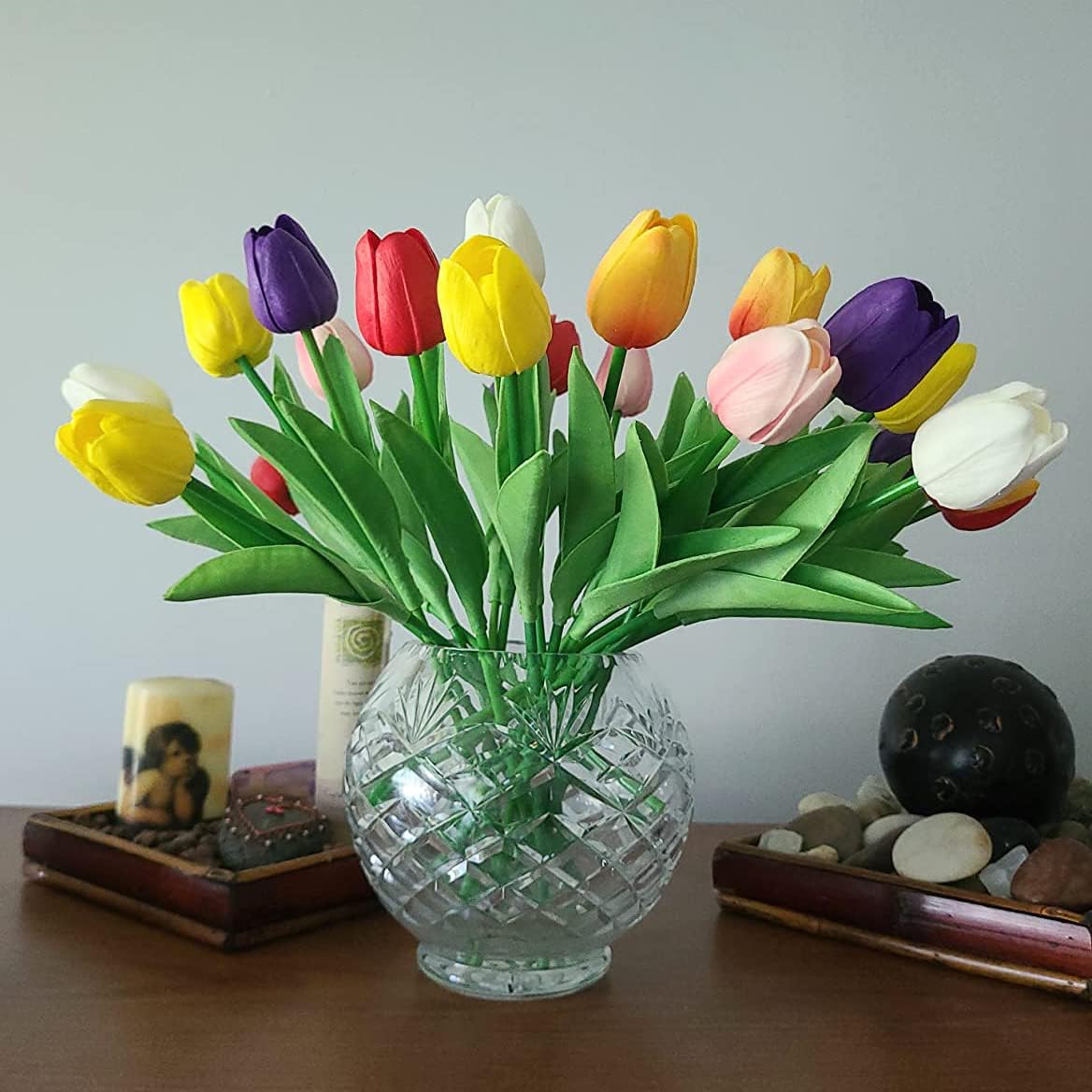 20pcs Artificial Tulips Flowers Fake Faux PU Tulip Bouquet Real Touch Flower Arrangement for Home Room Office Party Wedding Decoration Excellent Gift Idea for Mothers Day (Pink)
