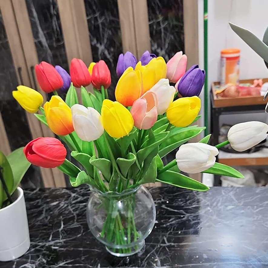 20pcs Artificial Tulips Flowers Fake Faux PU Tulip Bouquet Real Touch Flower Arrangement for Home Room Office Party Wedding Decoration Excellent Gift Idea for Mothers Day (Pink)