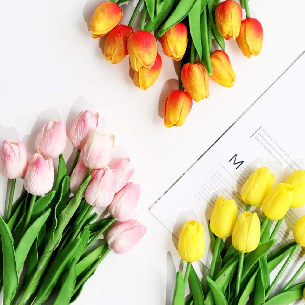 20pcs Artificial Tulips Flowers Fake Faux PU Tulip Bouquet Real Touch Flower Arrangement for Home Room Office Party Wedding Decoration Excellent Gift Idea for Mothers Day (Pink)
