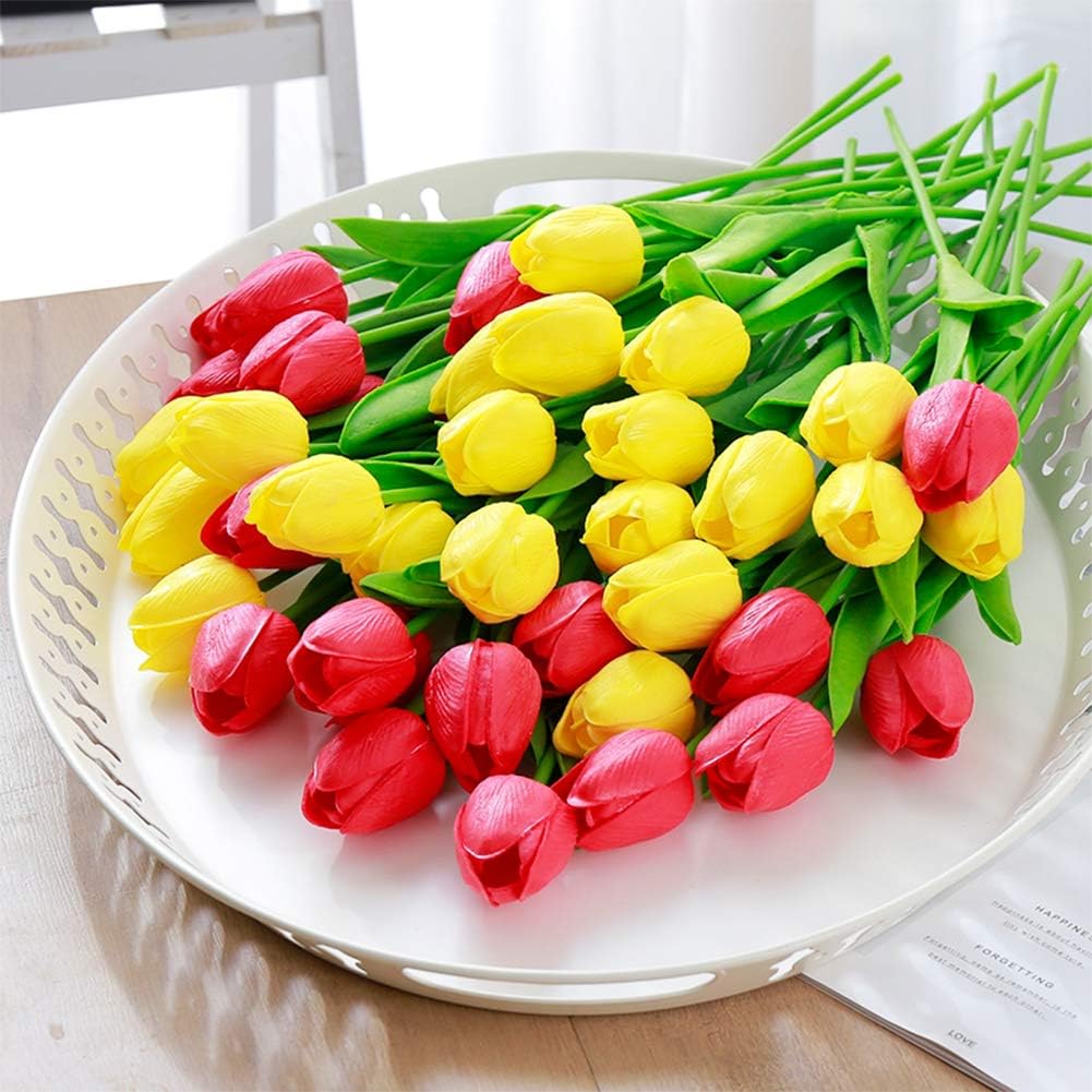 20pcs Artificial Tulips Flowers Fake Faux PU Tulip Bouquet Real Touch Flower Arrangement for Home Room Office Party Wedding Decoration Excellent Gift Idea for Mothers Day (Pink)