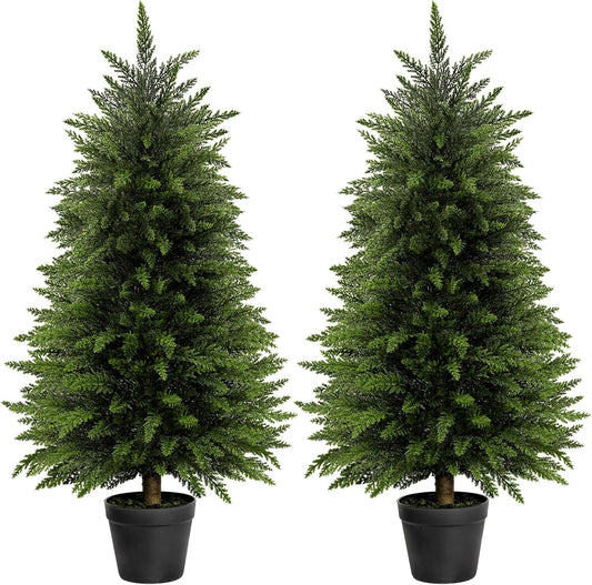 3FT Artificial Cedar Topiary Trees Set of 2 for Outdoor Porch | UV Resistant Faux Cypress Pine Plants with Realistic Wood-Textured Trunk for Front Door, Winter Porch Decor Fake Evergreens