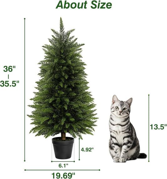 3FT Artificial Cedar Topiary Trees Set of 2 for Outdoor Porch | UV Resistant Faux Cypress Pine Plants with Realistic Wood-Textured Trunk for Front Door, Winter Porch Decor Fake Evergreens