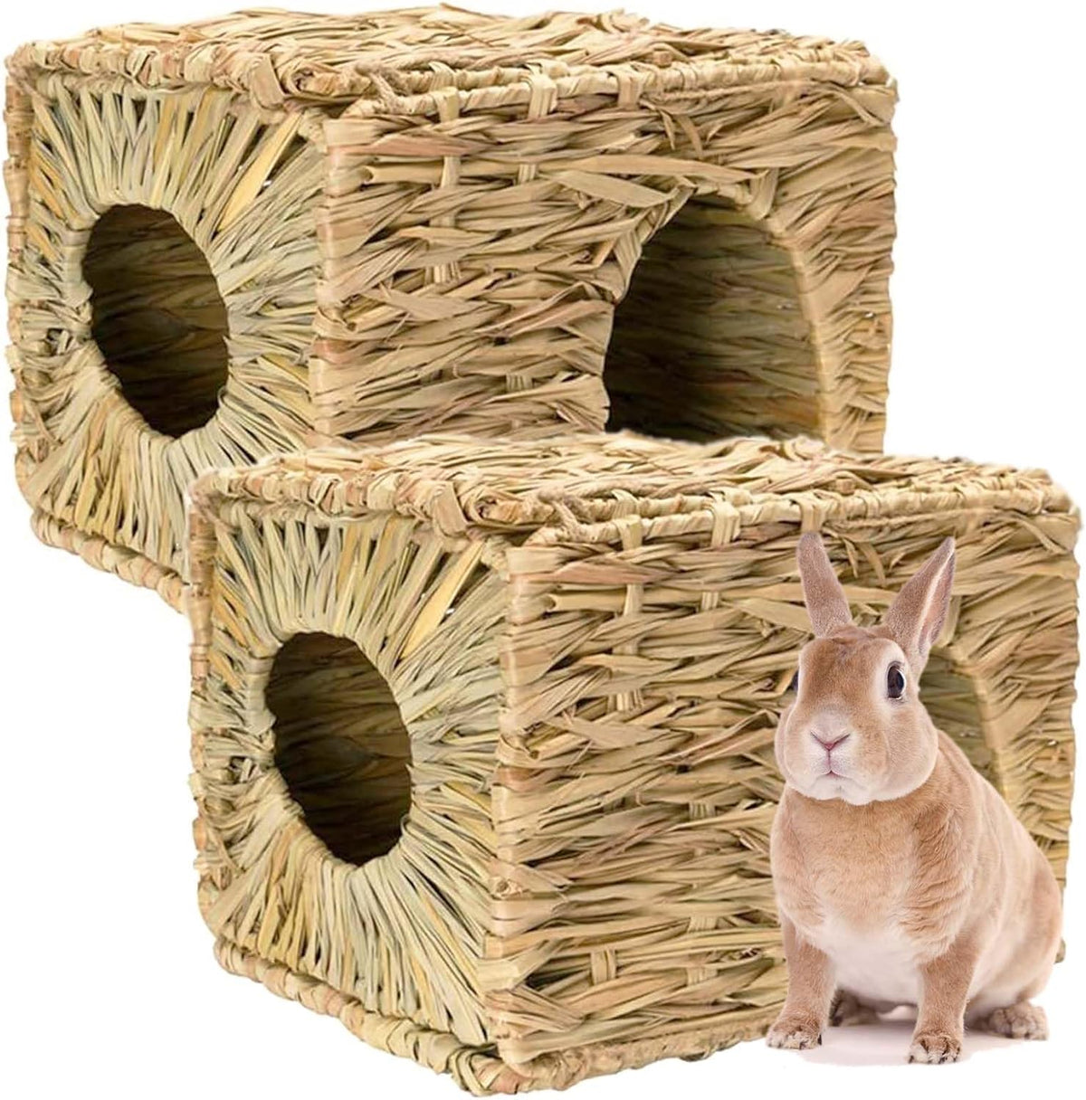 Foldable Grass Woven Animal Hut Bunny House Play Hideaway Bed Mat Chew Toy for Rabbit Guinea Pigs Gerbils Hamster (12"x8"x8")